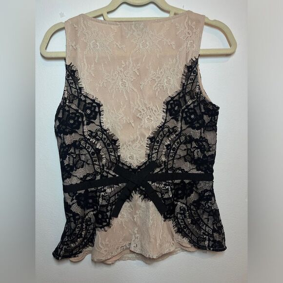 LOFT Blouse Size 4 Nude Eyelash Lace Ribbon Tie Peplum Tank Top - Picture 4 of 8